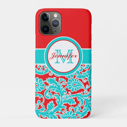 Coques Case-Mate iPhone Monogrammed Blue, Rouge, Blanc Damas iPhone 11 (Dos)