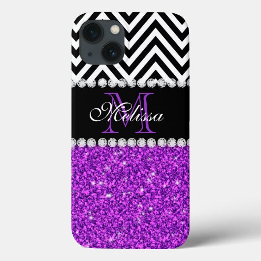 COQUES Case-Mate iPhone MONOGRAMMED DE CHEVRON NOIR DE PURPLE GLITTER (Verso)