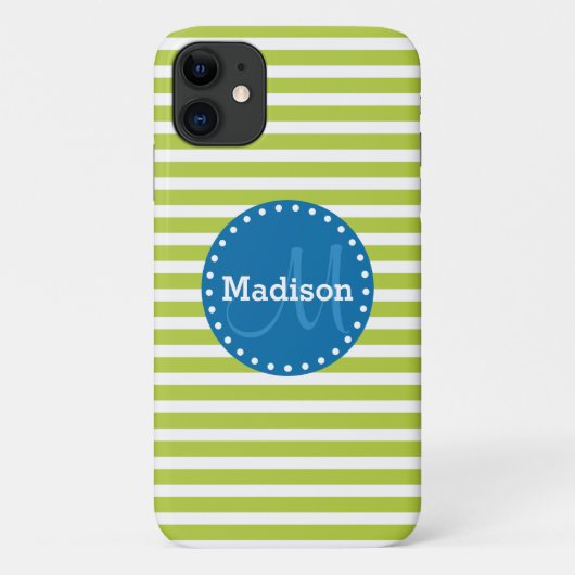 Coques Case-Mate iPhone Monogrammes bleus à rayures de chaux (Dos)