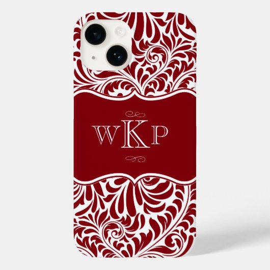 Coques Case-Mate iPhone Monogrammes personnalisés Cranberry Damask Pattern (Verso)