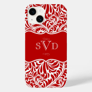 Coque Pour iPhone 14 Monogrammes Red Damask Design Coque-Mate personnal