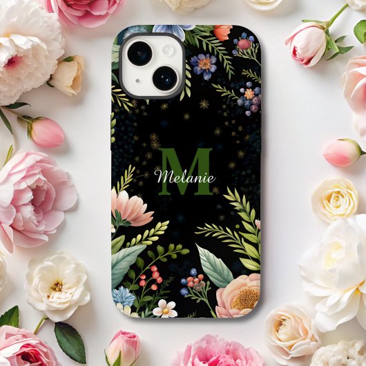 Coques Case-Mate iPhone Monographie de Fleur sauvage floral noir mou