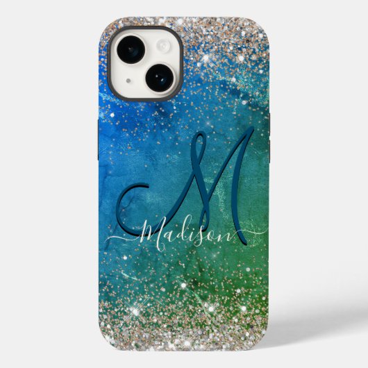 Coques Case-Mate iPhone Monographie de parties scintillant en faux or bleu (Verso)