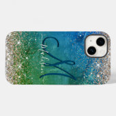 Coques Case-Mate iPhone Monographie de parties scintillant en faux or bleu (Verso (horizontal))