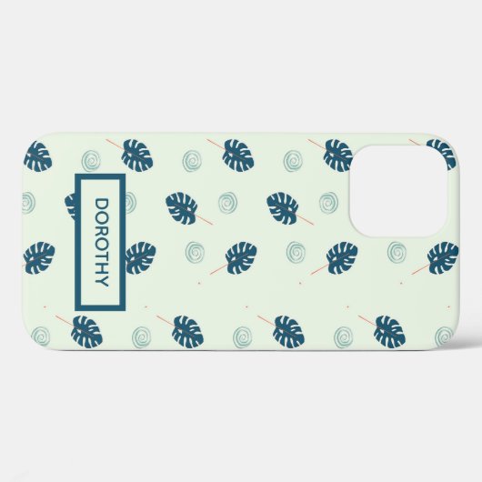 Coques Case-Mate iPhone Monstère tropicale monogramme feuille sur bleu (Verso (horizontal))
