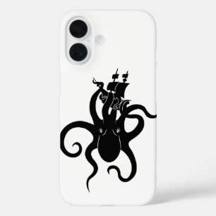 Coques iPhone 16 Monstre de mer noir et blanc Kraken avec navire