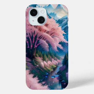 Coque Pour iPhone 15 Montagne Arbres à fleurs roses