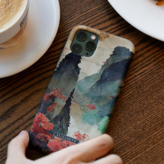Coque Pour iPhone 14 Montagne de forêt de cerisiers japonais Monogramme