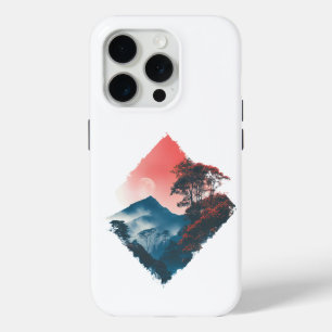 Coque iPhone 15 Pro Montagne Mystique Lune Cramoisi Art Zen