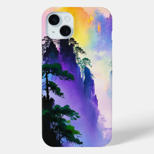 Coque iPhone 15 Mini Montagnes Éthérées – Brume et Lumières Arc-en-Ciel
