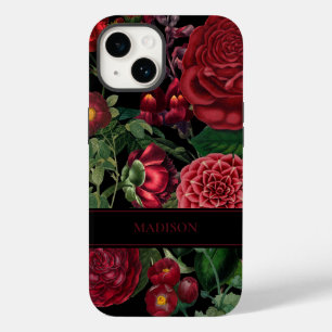 Coque Pour iPhone 14 Moody Florals Noir & Bourgogne Vintage Monogramme