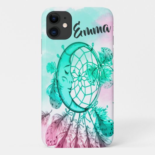 Coques Case-Mate iPhone Moon Dreamcatcher Pink and Aqua Boho Nom personnal (Dos)