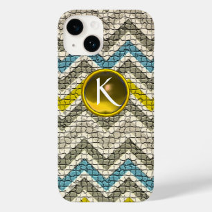 COQUE POUR iPhone 14 MOSAÏQUE BLANCHE JAUNE BLEU CHEVRONS GEM MONGRAM
