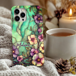 Coques iPhone 16 Mosaïque de verre teinté turquoise artistique flor