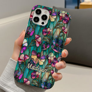 Coques iPhone 16 Mosaïque florale de verre teinté violet lumineux