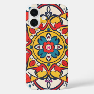 Coques iPhone 16 mosaïque jaune rouge, Mandala-Motif