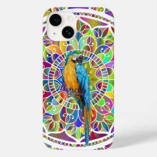 Coque Pour iPhone 14 Mosaïque Tropicale – Mandala d'Ara Bleu et Or
