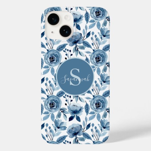 Coques Case-Mate iPhone Motif à aquarelle bleu avec Monogramme (Verso)