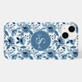 Coques Case-Mate iPhone Motif à aquarelle bleu avec Monogramme (Verso (horizontal))
