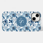 Coques Case-Mate iPhone Motif à aquarelle bleu avec Monogramme (Verso (horizontal))