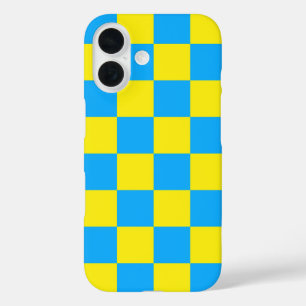 Coques iPhone 16 Motif à carreaux à damier jaune bleu