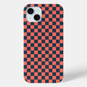 Coque iPhone 15 Mini Motif à carreaux corail et marine