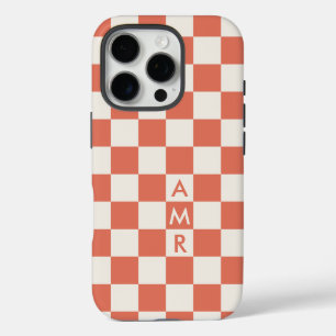 Coques iPhone 16 Pro Motif à carreaux en terre cuite et crème avec mono