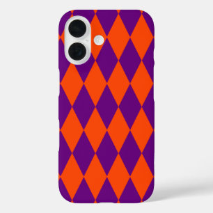 Coques iPhone 16 Motif à carreaux Harlequin orange et violet
