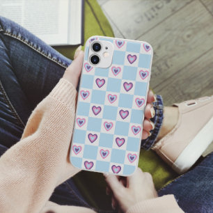 Coque Pour iPhone 14 Motif à carreaux Retro Hearts Bleu clair