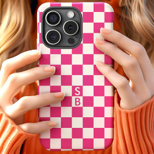 Coque Pour iPhone 15 Motif à carreaux rétro rose vif Monogramme
