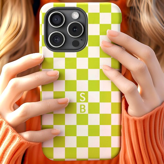 Coques Case-Mate iPhone Motif à carreaux rétro vert citron et monogramme