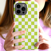Coques Case-Mate iPhone Motif à carreaux rétro vert citron et monogramme