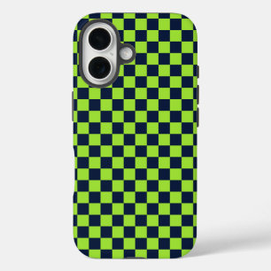 Coques iPhone 16 Motif à carreaux vert citron et bleu marine