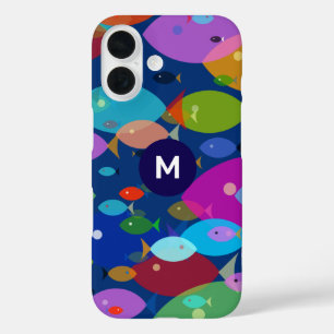 Coques iPhone 16 Motif Abstrait de Poisson Coloré Monogramme Bleu