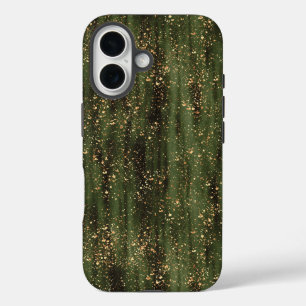 Coques iPhone 16 Motif Abstrait d'étincelles vert et or