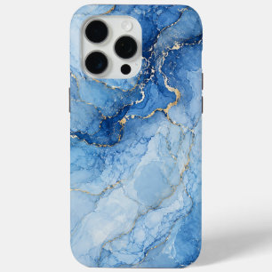 Coque iPhone 15 Pro Max Motif aquarelle de marbre bleu avec veines dorées