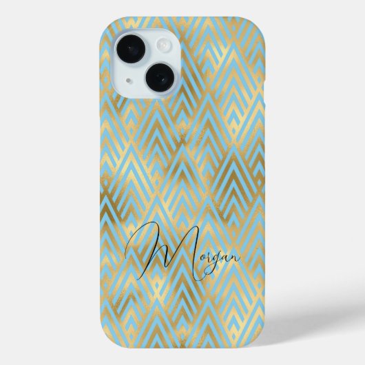Coques Case-Mate iPhone Motif Art Déco, Or & Bleu clair, Nom du script (Verso)