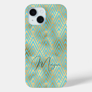 Coque Pour iPhone 15 Motif Art Déco, Or et Bleu Clair, Nom en Script