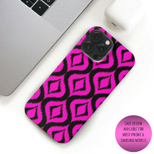 Coque iPhone 15 Pro Max Motif artistique ogee Ikat noir rose chaud gras