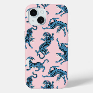 Coque Pour iPhone 15 Motif asiatique de tigre bleu