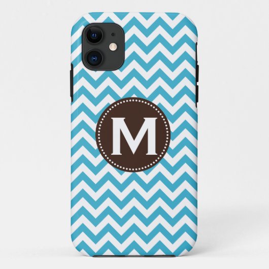 Coques Case-Mate iPhone Motif blanc bleu de Chevron de monogramme d'Aqua (Dos)