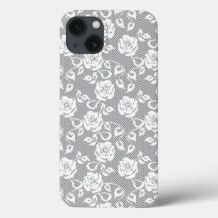 iPhone 13 Coque Motif blanc de dentelle sur l'arrière - plan gris