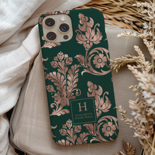 Coque Pour iPhone 14 Motif botanique monogramme or rose émeraude vert