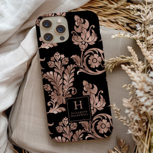 Coque Pour iPhone 14 Motif botanique orné à monogramme or rose noir