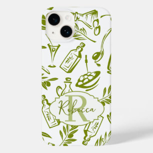 Coque Pour iPhone 14 Motif botanique vert blanc olivier Nom Monogramme