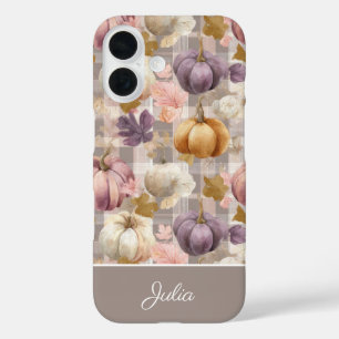 Coques iPhone 16 Motif carreau de citrouille et fleurs personnalisé