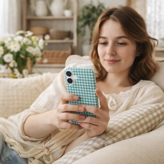 Coques Case-Mate iPhone Motif carreaux gingham sarcelle et blanc
