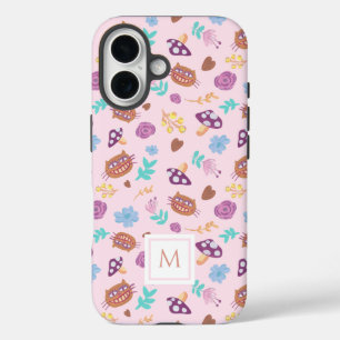 Coques iPhone 16 Motif Chat de Cheshire Floral Monogramme Rose