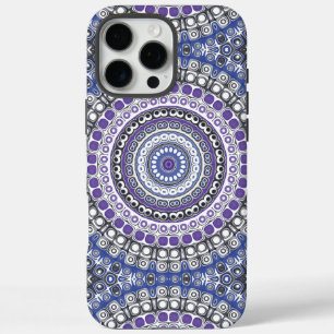 Coques iPhone 16 Pro Max Motif circulaire géométrique Mandala bleu et viole