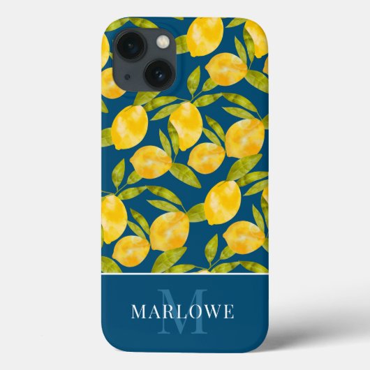 Coques Case-Mate iPhone Motif citron bleu-jaune monogramme (Verso)